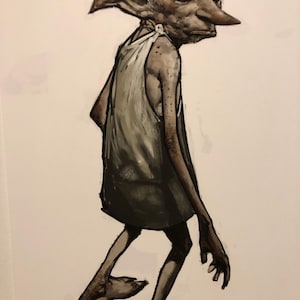 May include: Illustration of a slender, humanoid creature with large ears, a long nose, and green eyes. The creature is wearing a simple, sleeveless tunic. The artwork is rendered in muted tones, with a focus on the character's expressive features and posture.
