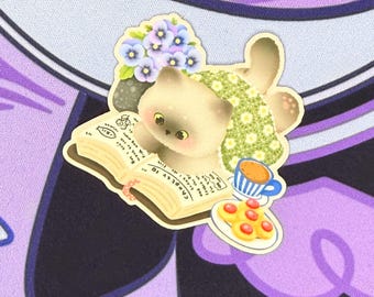 Bookish Cat Vinyl Sticker: Cozy Reading Tea Time, Kawaii Style sticker
