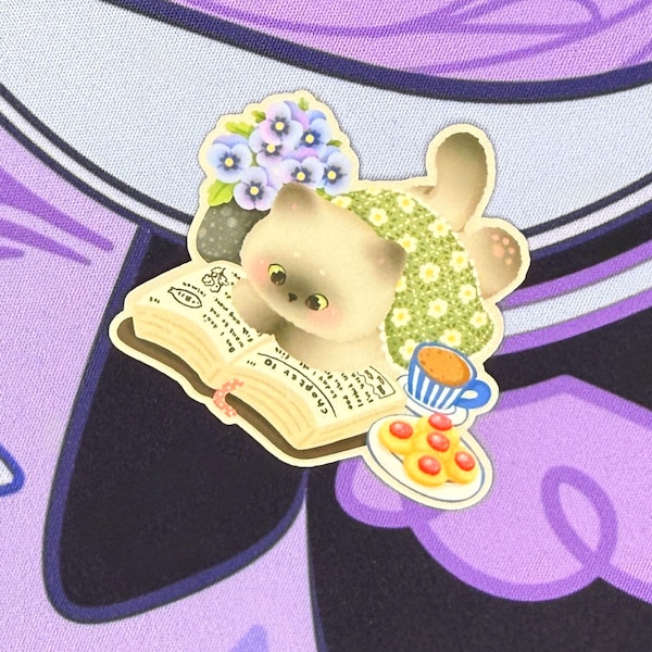 Bookish Cat Vinyl Sticker: Cozy Reading Tea Time, Kawaii Style sticker