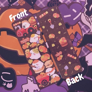 May include: Two sticker sheets with a Halloween theme. The front sheet features a red tractor, pumpkins, and cartoon characters. The back sheet has pumpkins and gardening tools. The background is a mix of orange, purple, and white.