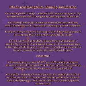 May include: A purple background with white text detailing processing times, shipping, and tracking information. The text explains handmade items, shipping methods, and tracking instructions. Star graphics are also present in the image.