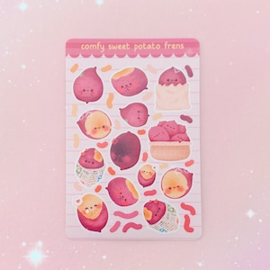 May include: A sheet of stickers featuring cute cartoon sweet potatoes in various poses, including a sweet potato in a paper bag, a basket of sweet potatoes, and a sweet potato wrapped in a newspaper. The stickers are on a pink background with the text "comfy sweet potato frens".