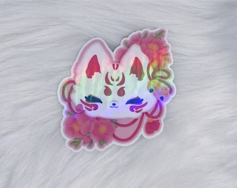 Kitsune Sticker: Japanese Fox Spirit with Cherry Blossoms