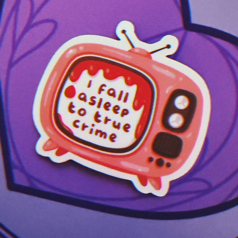May include: A sticker featuring a retro television design in shades of pink and red. The text "I fall asleep to true crime" is displayed on the screen. The sticker has a glossy finish and a white border, perfect for decorating laptops, notebooks, or other items.