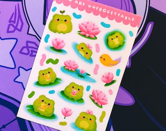 Kawaii Frog Sticker Sheet: Lotus Flower, Matte Planner Stickers
