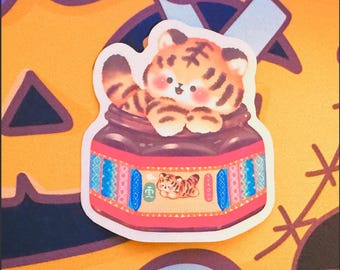Kawaii Tiger Jar Sticker | Cheerful Animal Vinyl Sticker