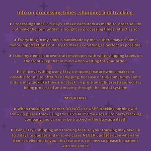 May include: A purple background with white text providing information on processing times, shipping, and tracking. The text includes details on processing times, handmade items, shipping methods, and tracking instructions. The text is in a sans-serif font.