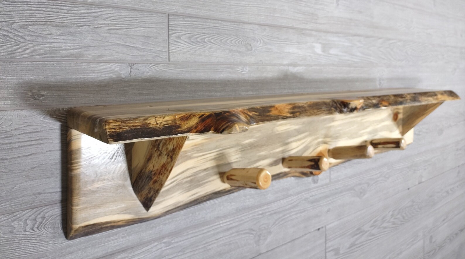 Rustic Natural Blue Pine Wood Coat Rack/Shelf with 4 wood pegs Etsy