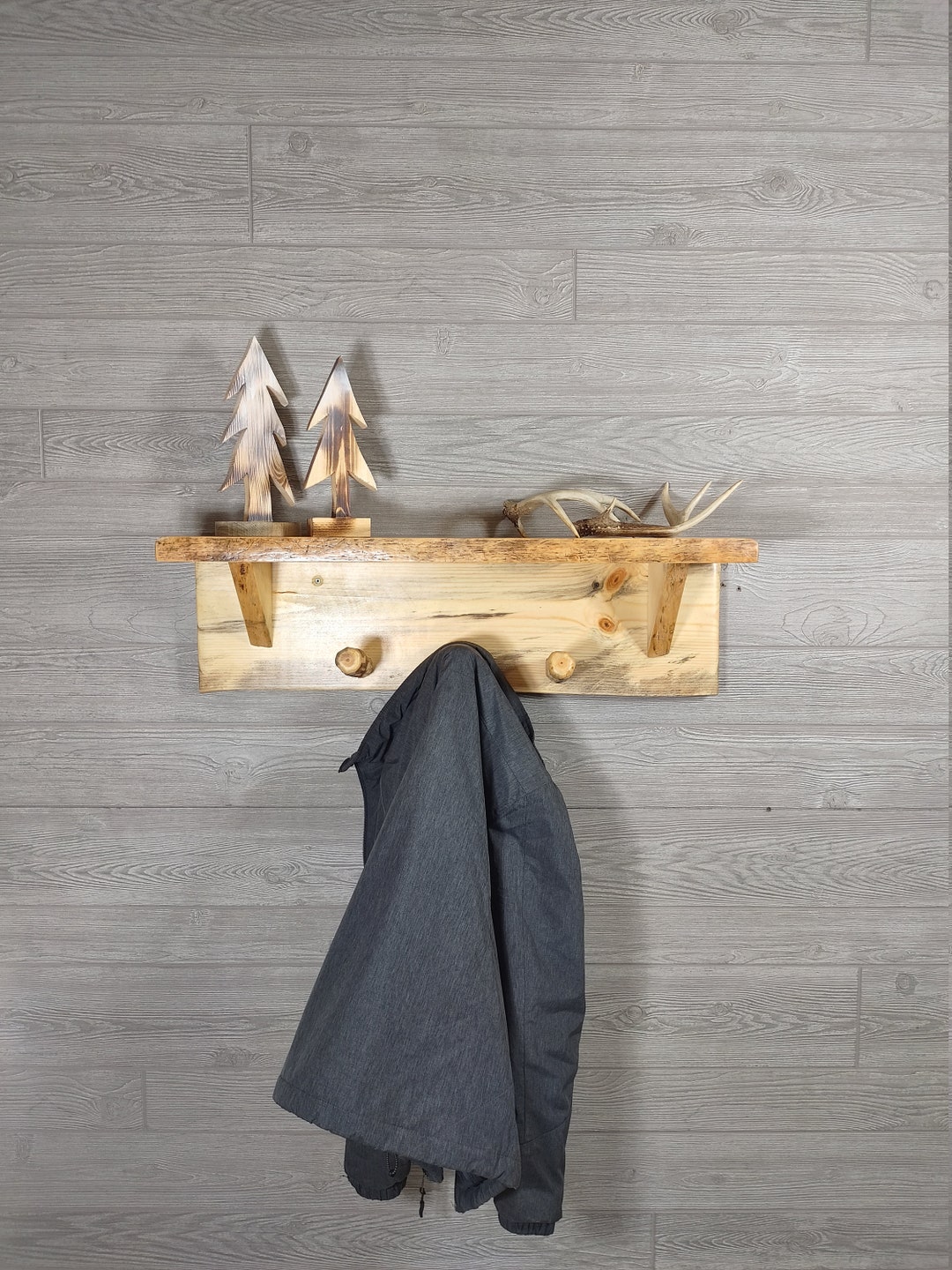 Rustic Natural Blue Pine Wood Coat Rack/shelf With 3 Wood Pegs Etsy