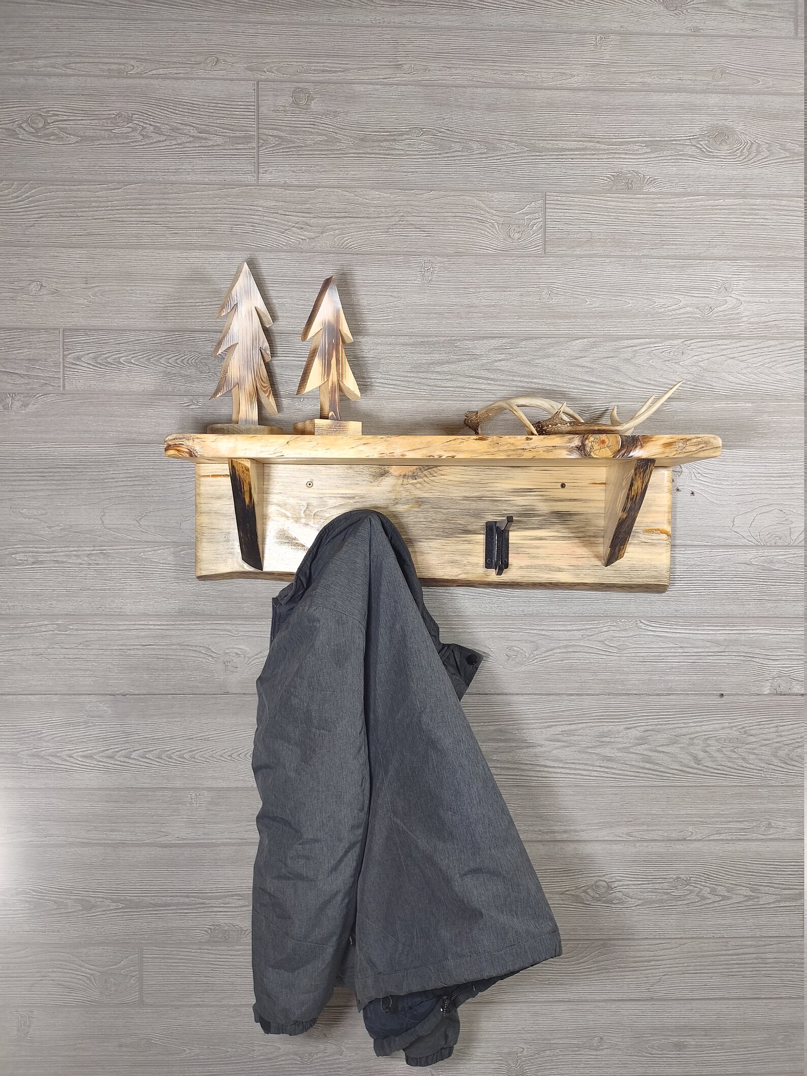 Rustic Natural Blue Pine Wood Coat Rack/shelf With 2 Metal Etsy