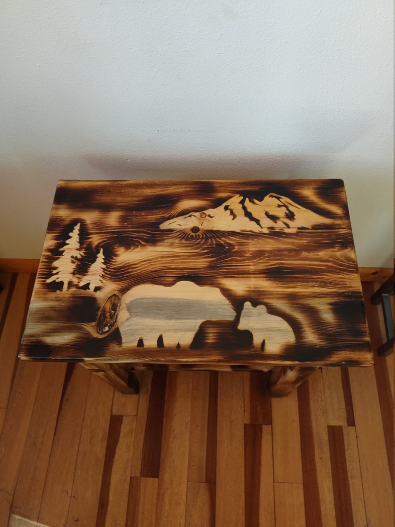 Amish Made Wood Burned Scene Nightstand/End Table Bear