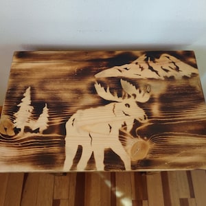 Amish Made Wood Burned Scene Nightstand/End Table Moose