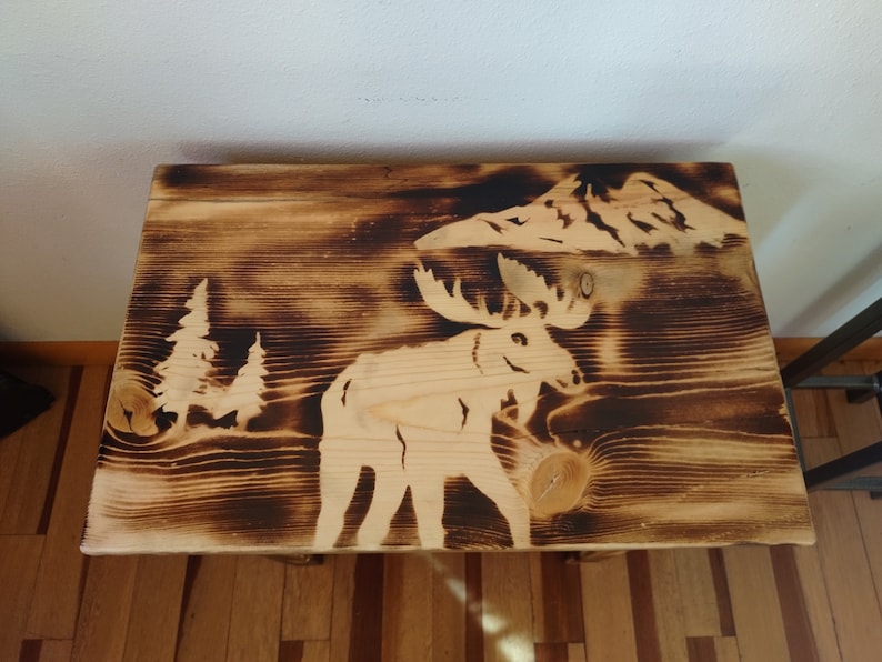 Amish Made Wood Burned Scene Nightstand/End Table Moose