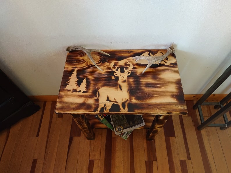 Amish Made Wood Burned Scene Nightstand/End Table Deer