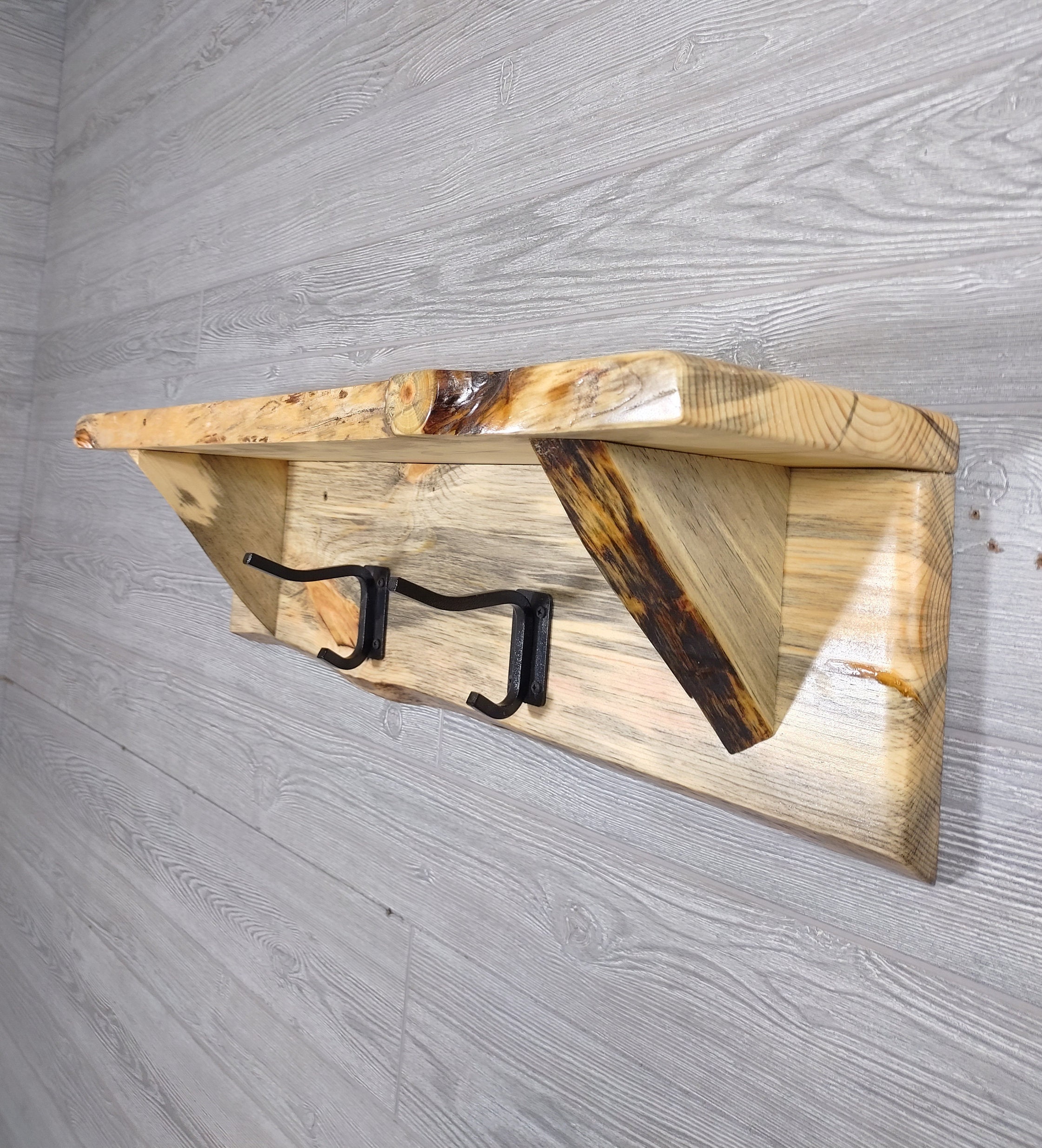 Rustic Natural Blue Pine Wood Coat Rack/shelf With 2 Metal Etsy