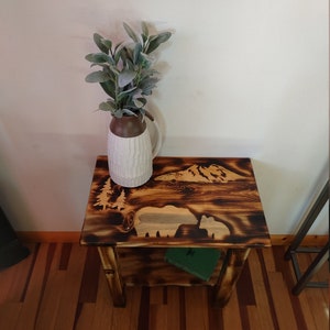 Amish Made Wood Burned Scene Nightstand/End Table