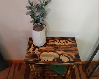 Amish Made Wood Burned Scene Nightstand/End Table