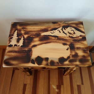 Amish Made Wood Burned Scene Nightstand/End Table Bison