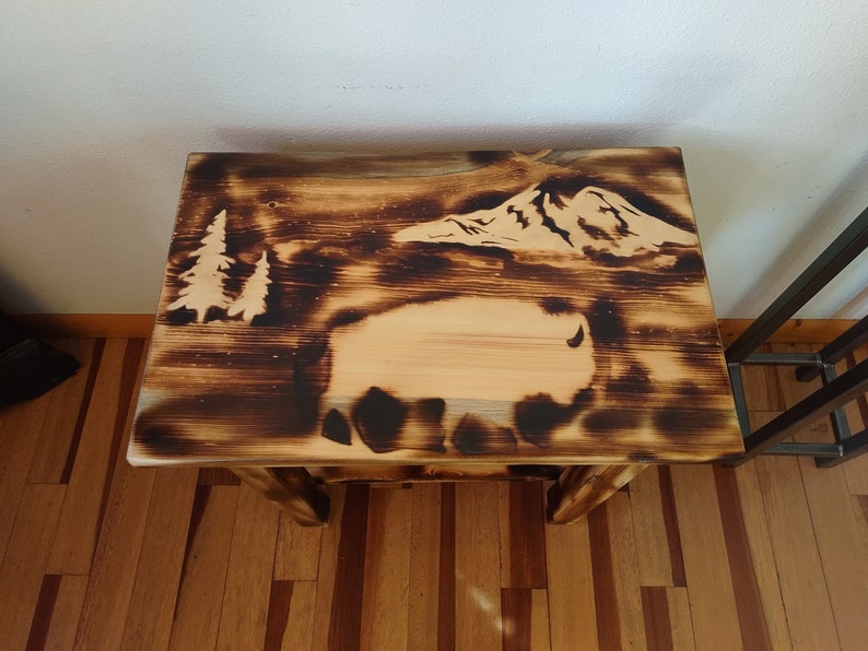 Amish Made Wood Burned Scene Nightstand/End Table Bison