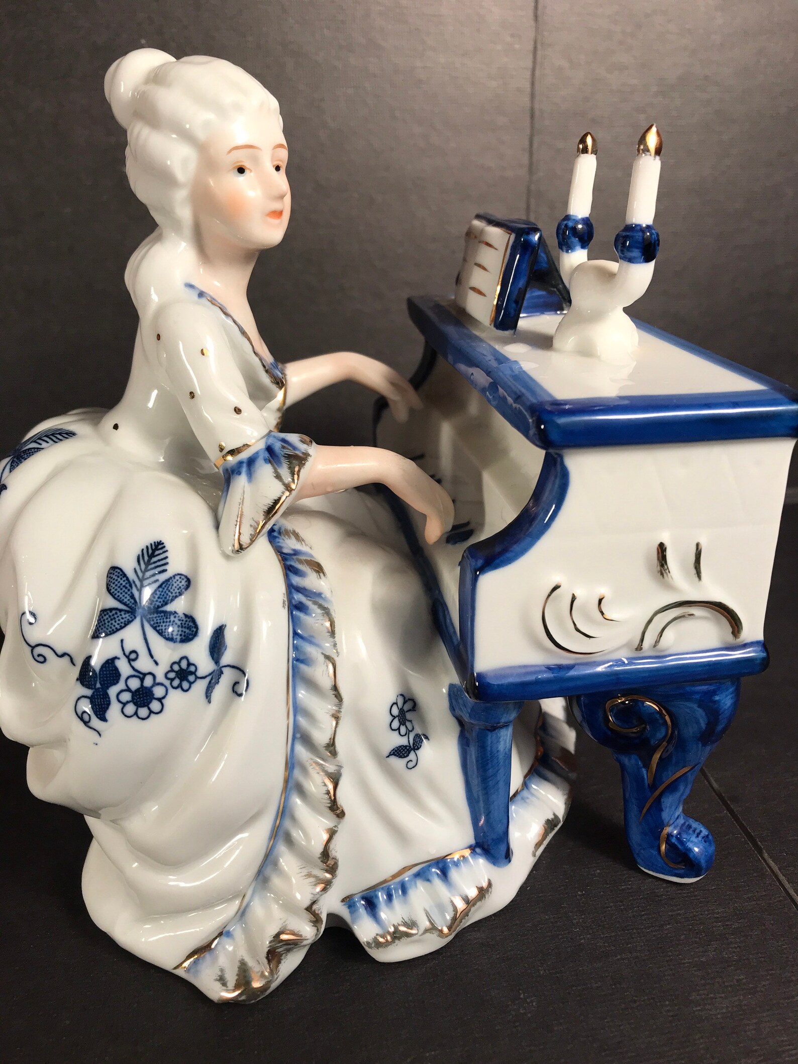 Porcelain German Figurine Lady playing Piano White Blue Gold Etsy