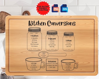 Puede incluir: Una tabla de cortar de madera marrón con un contorno blanco de conversiones de medidas de cocina para galones, cuartos, pintas, tazas, onzas y mililitros. La tabla también incluye una sección para volúmenes con conversiones para una pizca, un toque y una cucharadita.