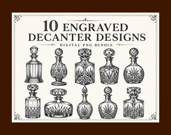 Vintage Engraved Decanter PNG Bundle, Whiskey Cocktail Graphics, Laser Designs (Digital Download)