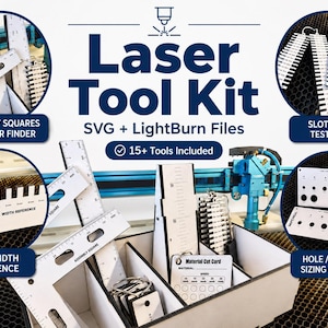 Pode incluir: Um kit de ferramentas a laser contendo esquadros de montagem, localizadores de centro, testadores de tamanho de fenda, referências de largura de aba e medidores de círculo em acrílico branco com arquivos SVG e LightBurn incluídos.