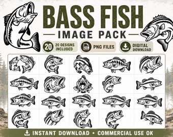 Bass Fish Laser Engraving PNG Bundle: 20 Black-and-White Designs