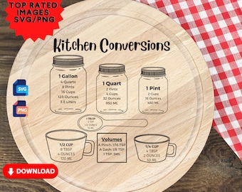 Puede incluir: Una tabla de cortar de madera con una ilustración en blanco y negro de conversiones de cocina. La ilustración incluye un galón, un cuarto, una pinta, 1/2 taza y 1/4 taza con sus equivalentes en onzas, tazas, pintas, cuartos, mililitros, cucharadas y cucharaditas.
