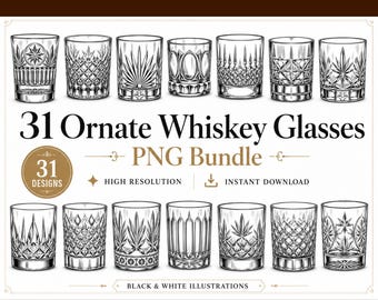 Ornate Whiskey Glasses PNG Bundle, Vintage Engraved Clipart, Laser Designs (Digital Download)