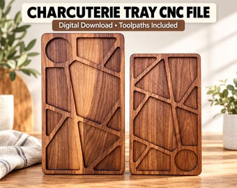 May include: Two rectangular wooden charcuterie trays featuring a geometric carved pattern with various compartments and a circular cutout. The text CHARCUTERIE TRAY CNC FILE Digital Download Toolpaths Included is displayed above the trays.