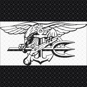 May include: A black and white graphic design featuring the United States Navy SEAL Trident insignia. The emblem displays a spread-winged eagle clutching a trident, a pistol, and an anchor, set against a background of repeating geometric circles.