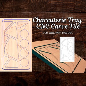 以下が含まれることがあります： 幾何学的な切り抜きが施された木製のシャルキュトリートレイのデザイン。三角形や円が含まれ、青色で縁取られています。「Charcuterie Tray CNC Carve File」のテキストが装飾的なフォントで表示され、ファイル形式のオプションも表示されています。