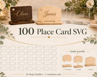 100 Two-Piece Place Card SVG Bundle, Laser Cut Wedding Name Card Files (Digital Download)