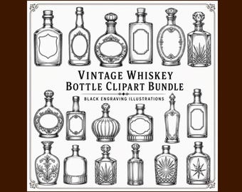 Vintage Bourbon Bottle Clipart Bundle, Engraved Whiskey Graphics (Digital Download)