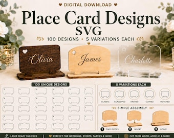 100 Place Card Designs - SVG, Laser Cut Wedding Event Name Card Files (Digital Download)