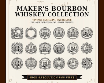 Bourbon Whiskey Engraving PNG Bundle, Vintage Cocktail Graphics, Laser Designs (Digital Download)
