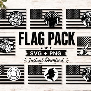 May include: A digital graphic set titled FLAG PACK SVG + PNG Instant Download, featuring eight black and white American flag designs. Each flag incorporates a circular emblem depicting soldiers, a firefighter, or a fire department symbol.