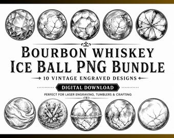 Bourbon Whiskey Ice Ball PNG Bundle, Vintage Engraved Cocktail Graphics (Digital Download)