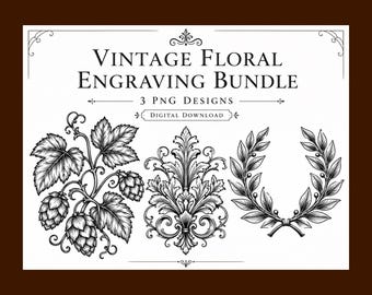 Vintage Engraving Floral Bundle, Whiskey Cocktail Graphics (Digital Download)