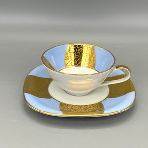 Porcelain mocca cup and saucer , beautiful blue and gold decor . German Bavaria porcelain.