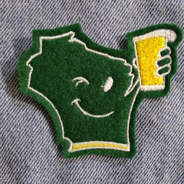 Wisconsin Wis-kid Cheer Beer Here Prost Embroidery Patch Heat Affixed Green Gold Salute!