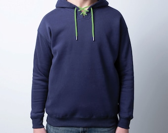 Navy Fleece Hoodie: Unisex Cotton-Blend Sweater with Changeable Drawstring