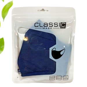 May include: A blue face mask in a clear plastic bag with the text "Classic Mask" printed on the bag.