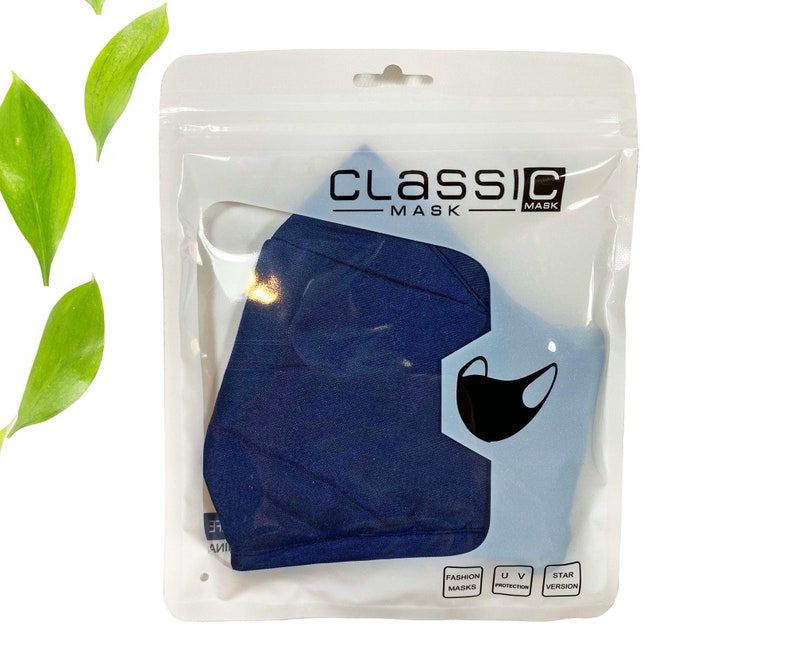 May include: A blue face mask in a clear plastic bag with the text "Classic Mask" printed on the bag.