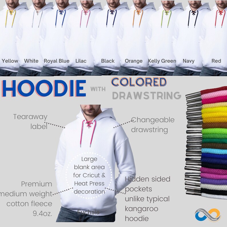 May include: White hoodie with a large blank area for decoration. The hoodie has a tearaway label, a changeable drawstring, and hidden side pockets. The drawstring is available in a variety of colors, including fuchsia, red, yellow, orange, green, blue, and black.