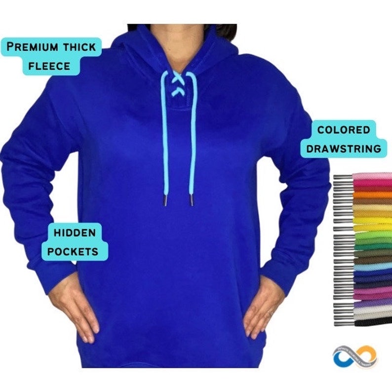 May include: A royal blue hoodie with a light blue drawstring. The hoodie features hidden pockets and is made of premium thick fleece. A selection of colored drawstrings is displayed on the right.