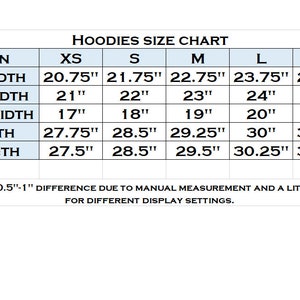 May include: Hoodies size chart with measurements in inches for different sizes: XS, S, M, L, XL, and 2XL. Measurements include shoulder width, 1/2 chest width, 1/2 bottom width, total length, and sleeve length.