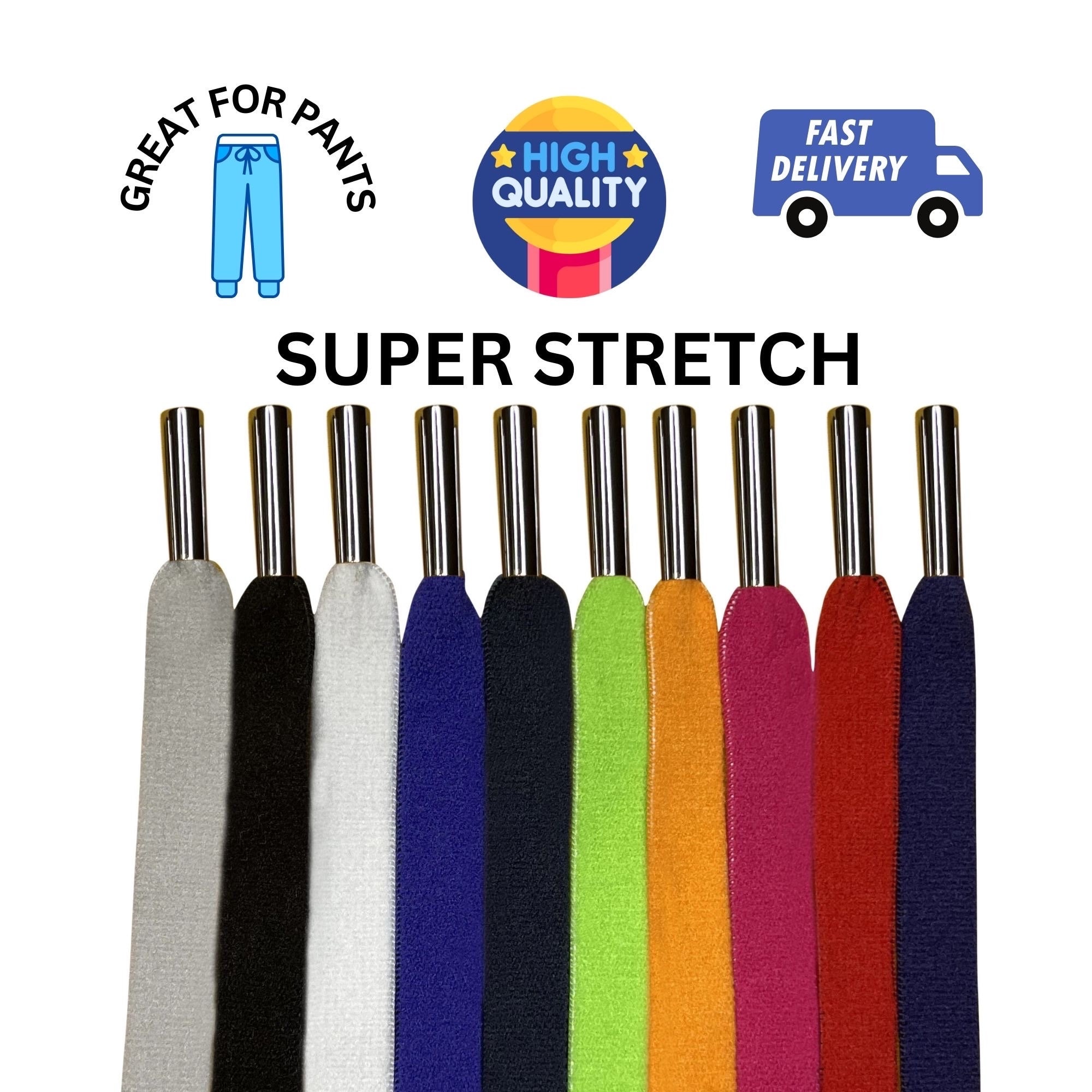 Flat drawstring cord replacement 55" Thick 3/8" with metal tips. Super stretch drawstring replacement. Same-day ship from California. Pack-1