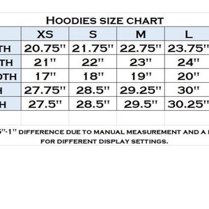 May include: A size chart for hoodies, with measurements in inches. The chart includes shoulder width, chest width, bottom width, total length, and sleeve length for sizes XS to 2XL. Text at the bottom indicates slight measurement and color differences may occur.